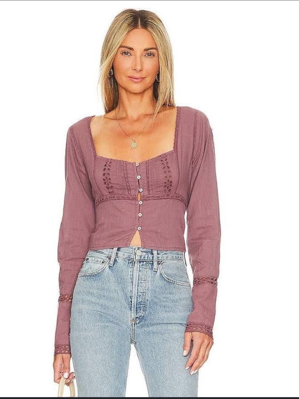 Free People Eyelet Crop Blouse — Dusty Rose
